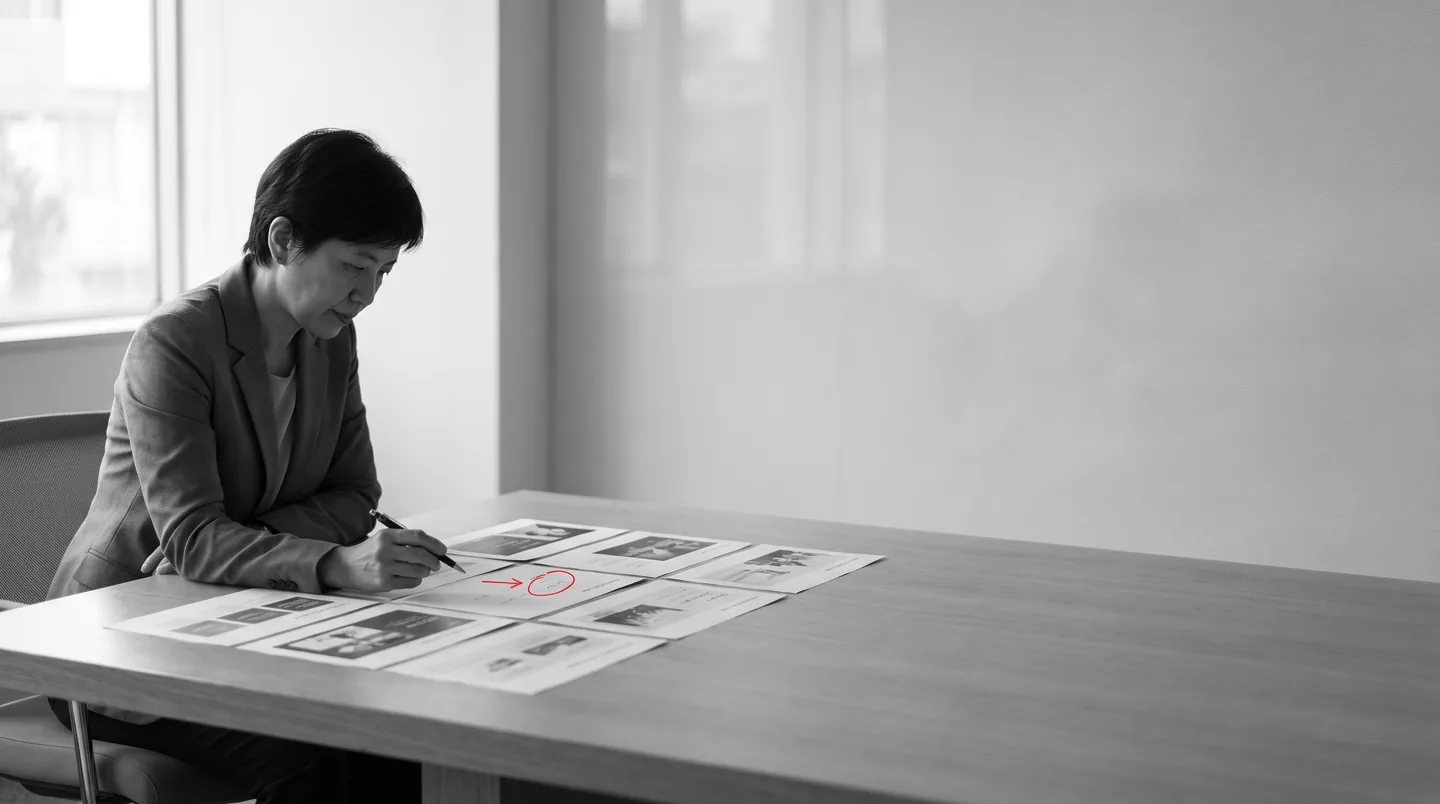Materi konten tercetak di meja rapat, satu bagian ditandai merah oleh editor.